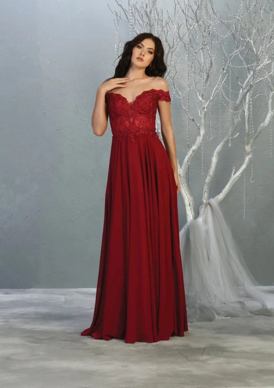 Elegant A-Line Off-Shoulder Lace Bodice Burgundy Long Prom Dress Women's Gown
