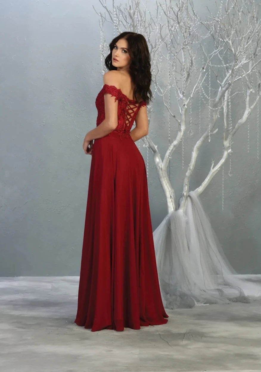 Elegant A-Line Off-Shoulder Lace Bodice Burgundy Long Prom Dress Women's Gown