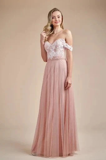 Elegant A-Line Off-Shoulder Lace Bodice Dusty Rose Floor-Length Prom Dresses Gown