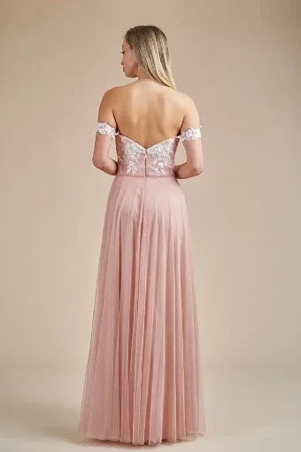 Elegant A-Line Off-Shoulder Lace Bodice Dusty Rose Floor-Length Prom Dresses Gown
