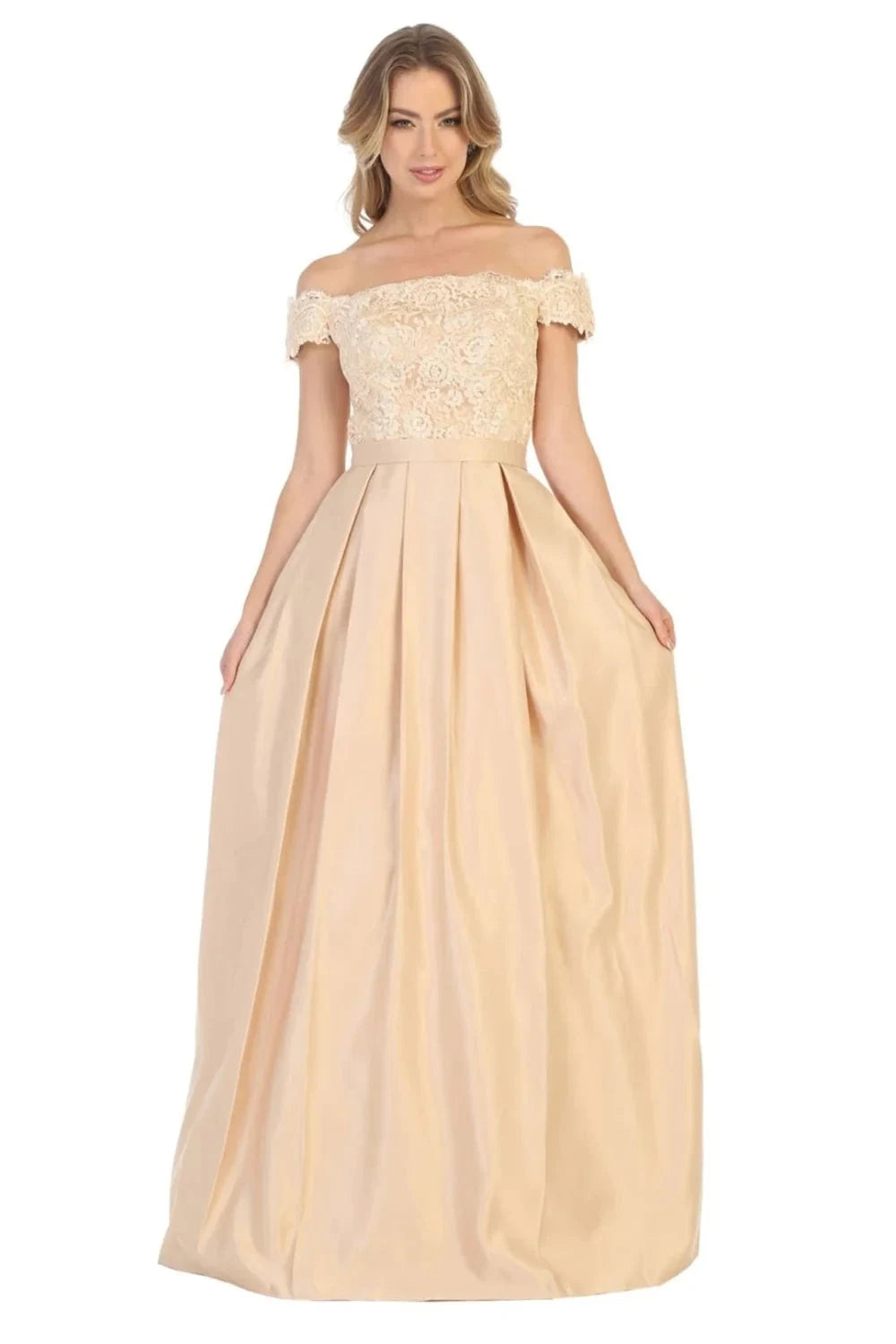 Elegant A-Line Off-Shoulder Lace Pleated Champagne Floor-Length Prom Dress Gown