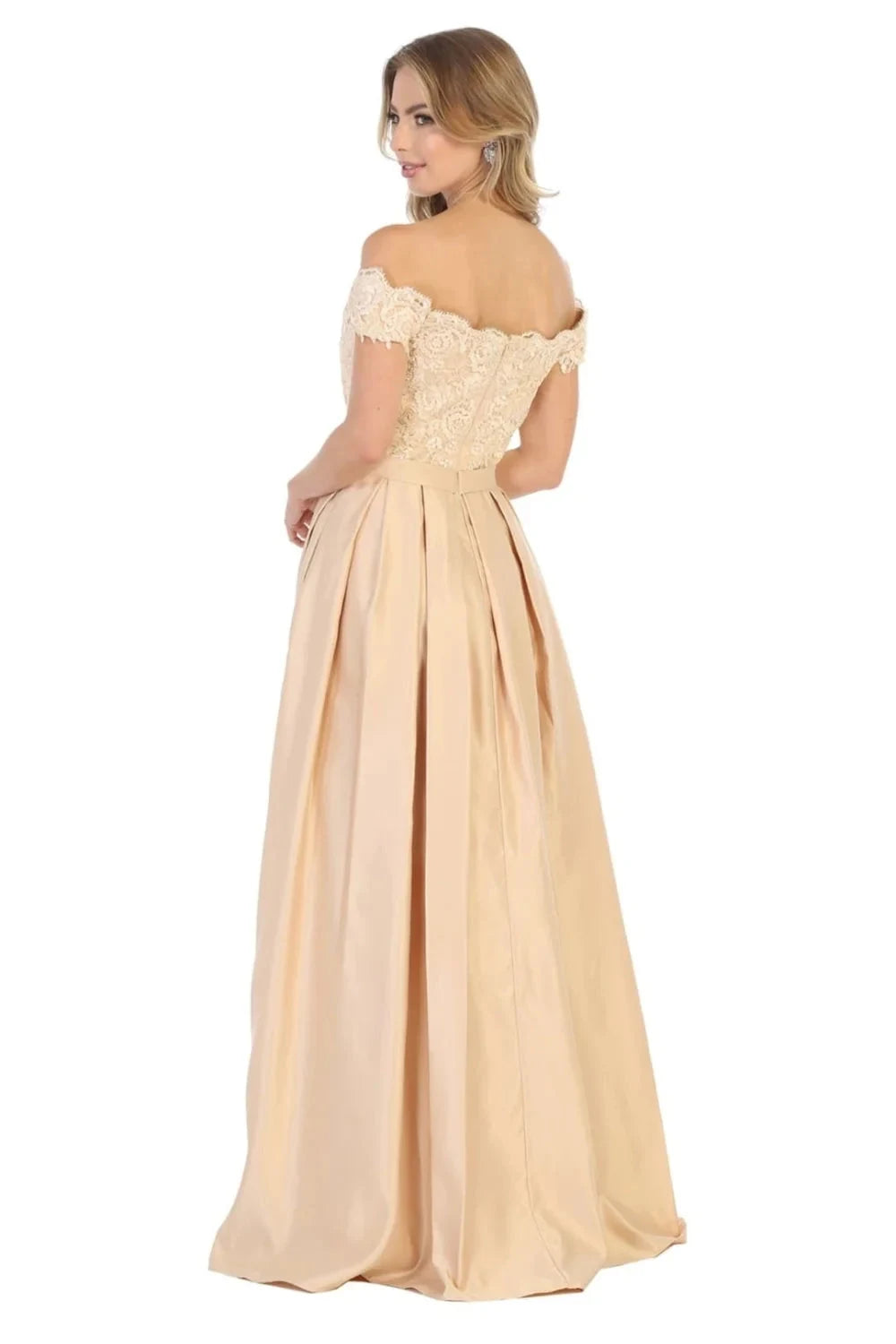 Elegant A-Line Off-Shoulder Lace Pleated Champagne Floor-Length Prom Dress Gown