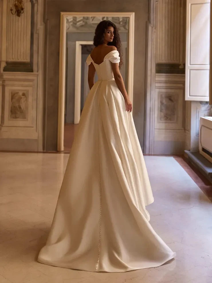 Elegant A-Line Off-Shoulder Lace Sleeve Ivory Floor-Length Wedding Gown