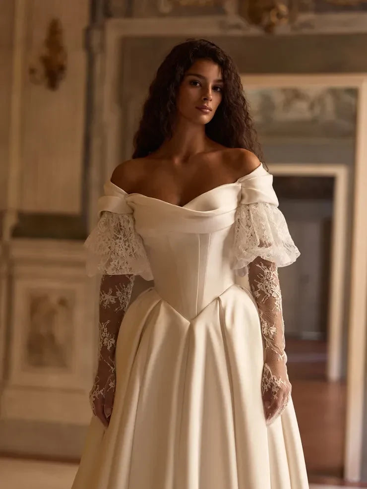 Elegant A-Line Off-Shoulder Lace Sleeve Ivory Floor-Length Wedding Gown