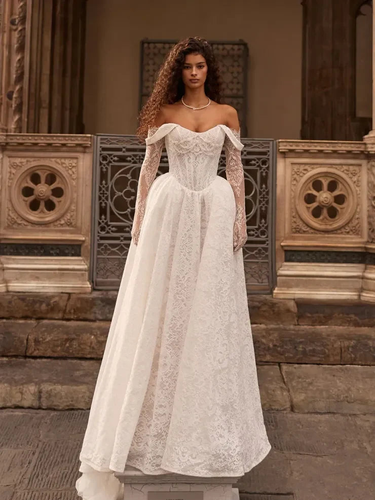 Elegant A-Line Off-Shoulder Long-Sleeve Lace Ivory Floor-Length Wedding Gown