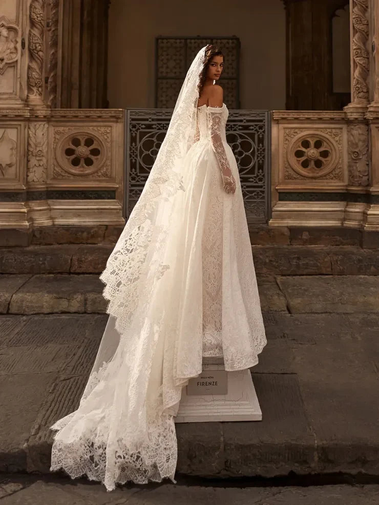 Elegant A-Line Off-Shoulder Long-Sleeve Lace Ivory Floor-Length Wedding Gown