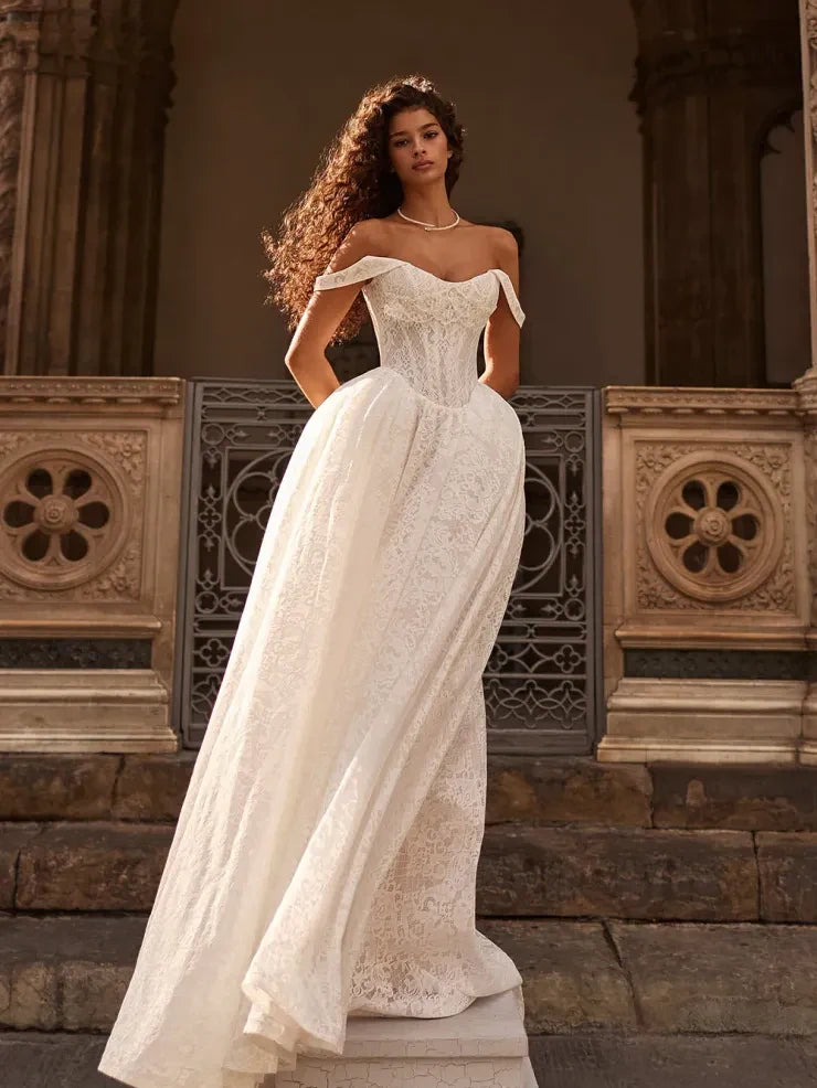 Elegant A-Line Off-Shoulder Long-Sleeve Lace Ivory Floor-Length Wedding Gown