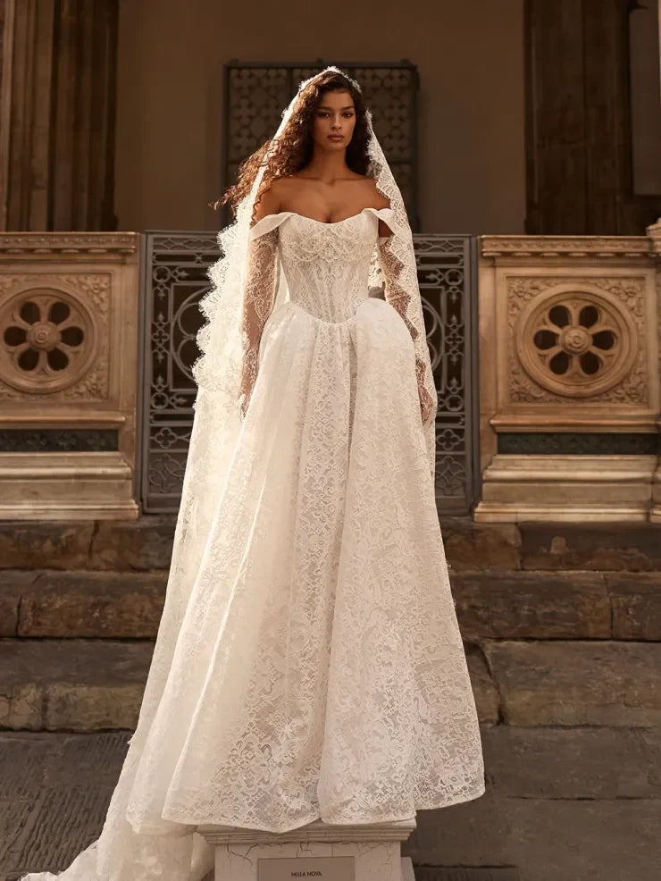 Elegant A-Line Off-Shoulder Long-Sleeve Lace Ivory Floor-Length Wedding Gown