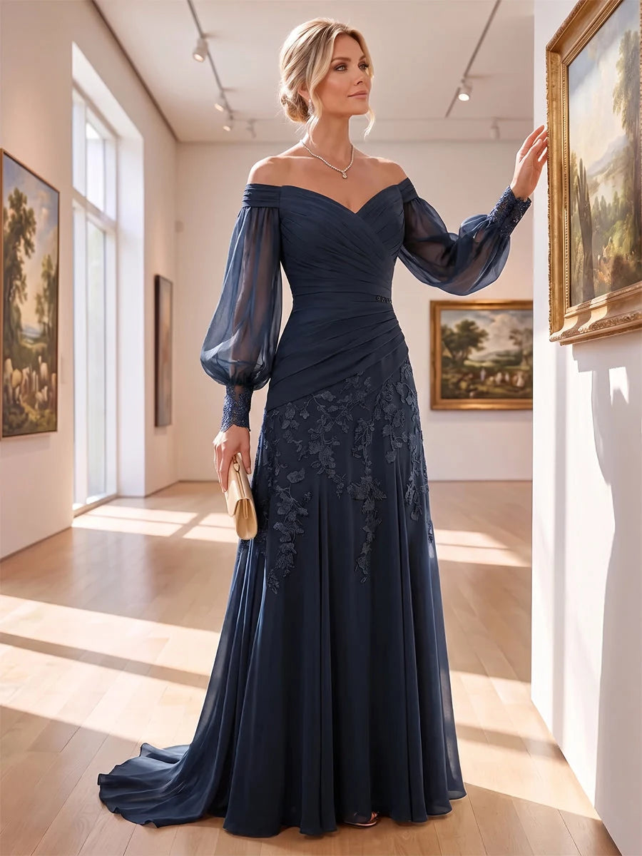 Elegant A-Line Off-Shoulder Long-Sleeve Pleated Navy Mother of the Bride Dress