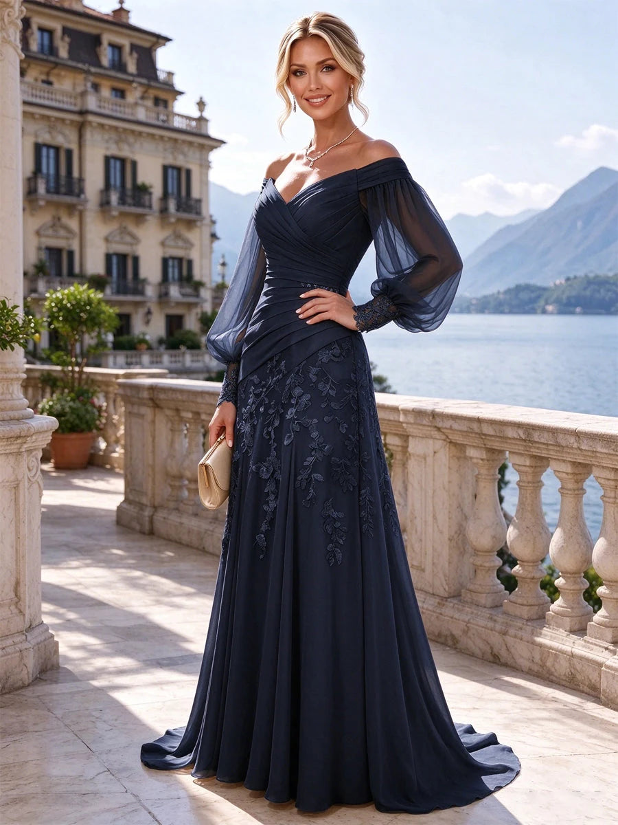 Elegant A-Line Off-Shoulder Long-Sleeve Pleated Navy Mother of the Bride Dress