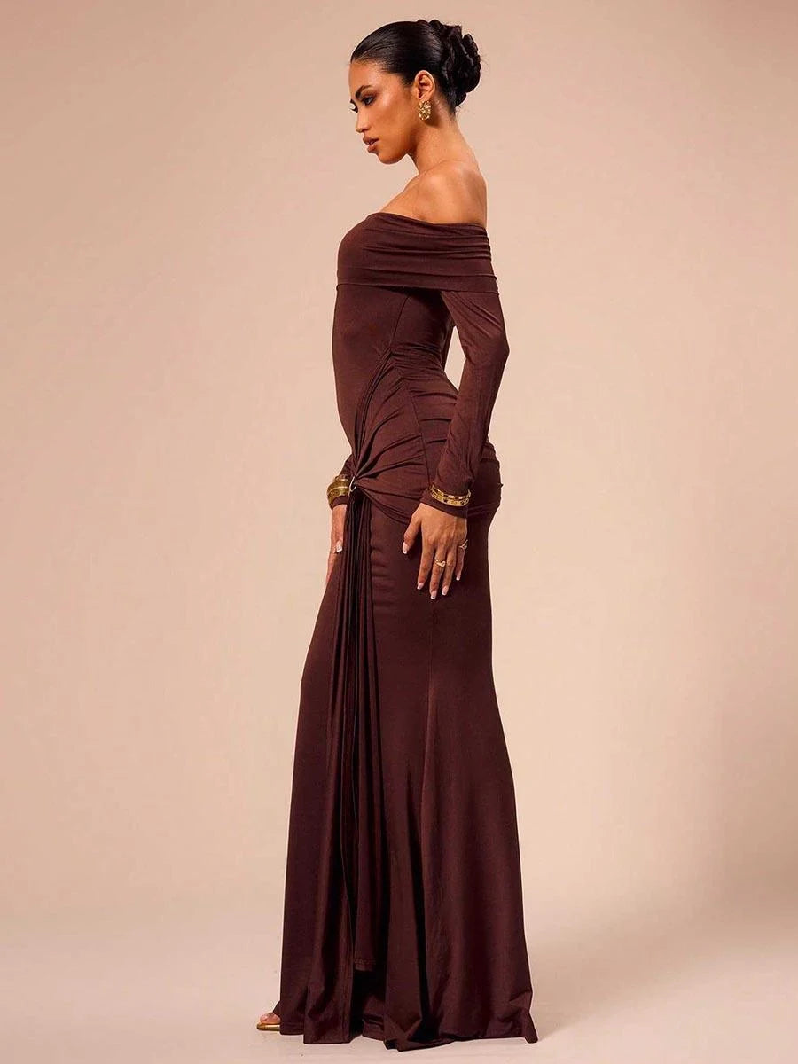 Elegant A-Line Off-Shoulder Long Sleeve Draped Chocolate Floor-Length Prom Gown