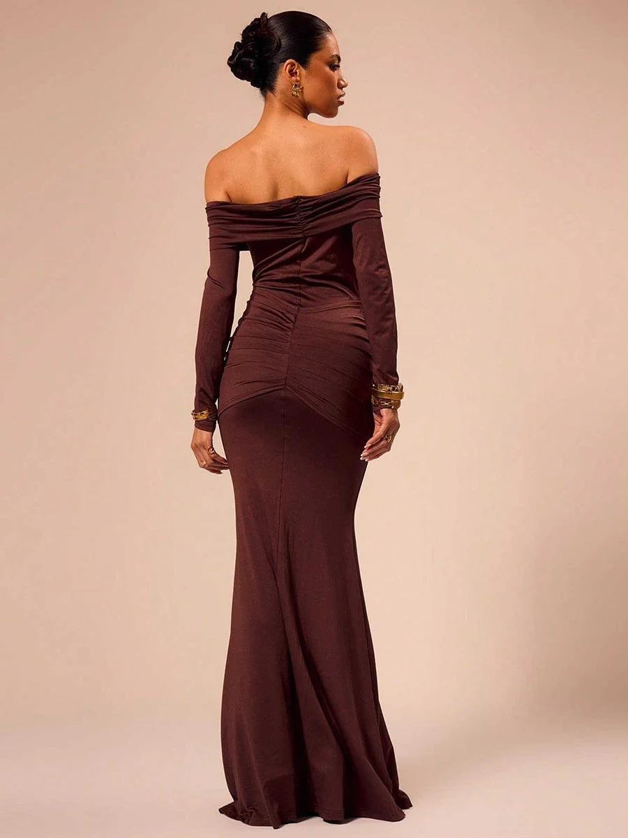 Elegant A-Line Off-Shoulder Long Sleeve Draped Chocolate Floor-Length Prom Gown