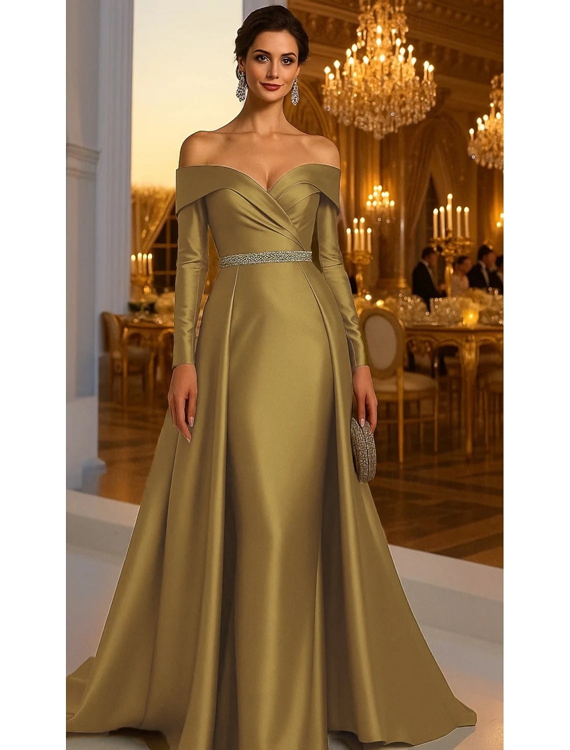 Elegant A-Line Off-Shoulder Long Sleeve Draped Golden Olive Floor-Length Evening Gown