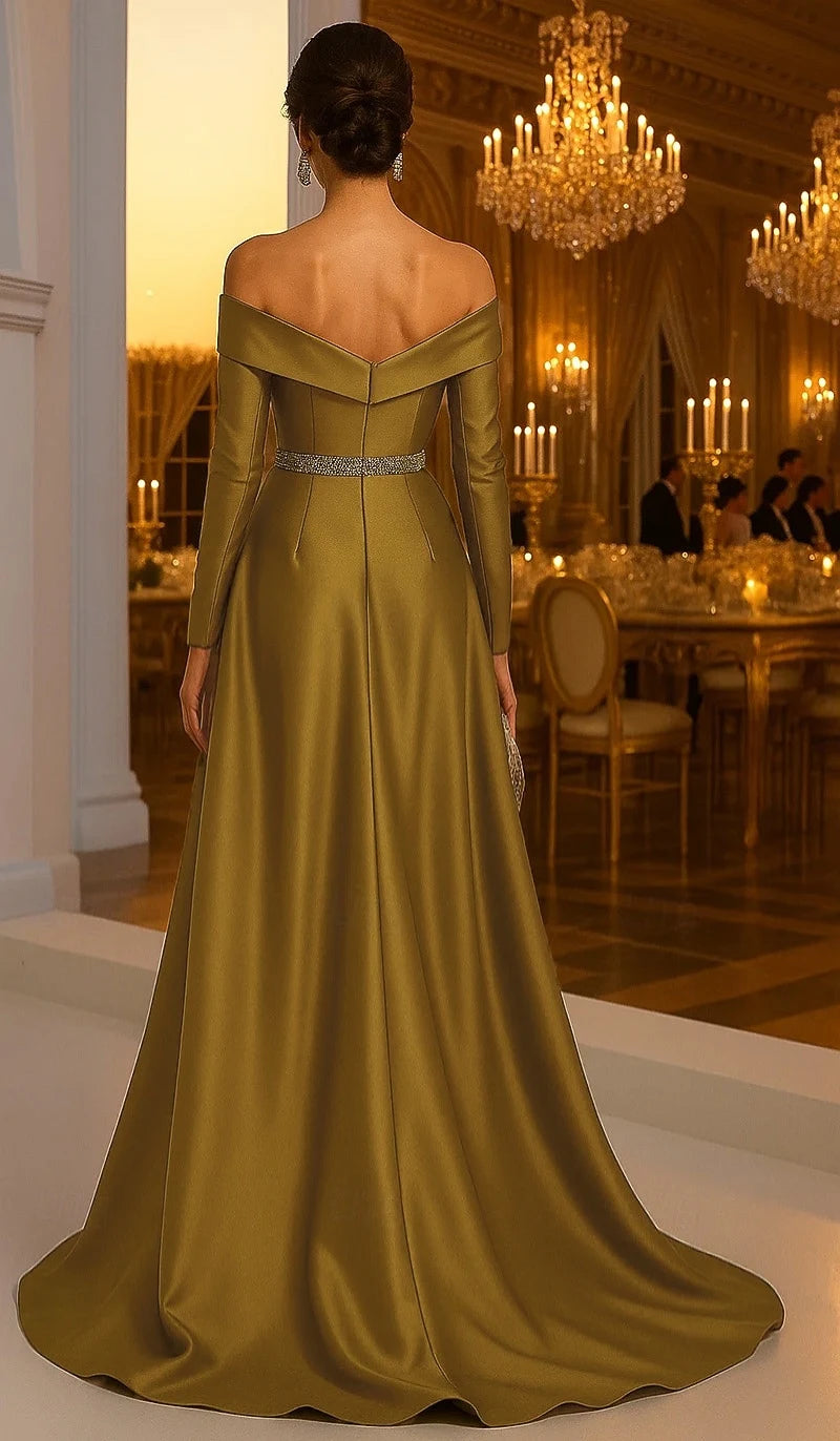 Elegant A-Line Off-Shoulder Long Sleeve Draped Golden Olive Floor-Length Evening Gown