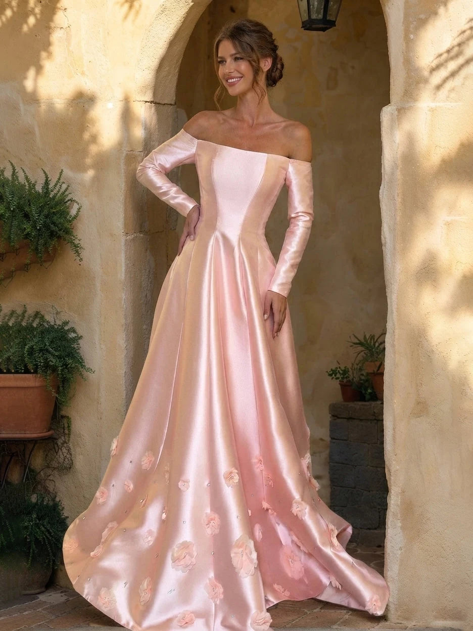 Elegant A-Line Off-Shoulder Long Sleeve Floral Pink Floor-Length Prom Gown
