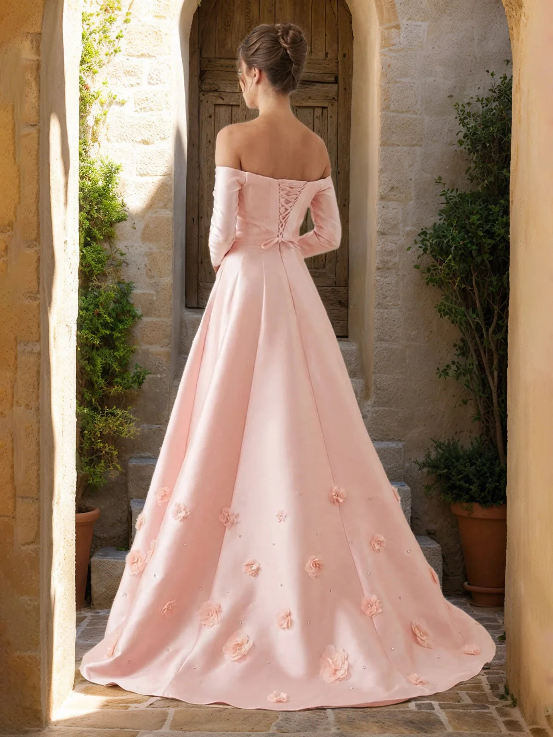 Elegant A-Line Off-Shoulder Long Sleeve Floral Pink Floor-Length Prom Gown