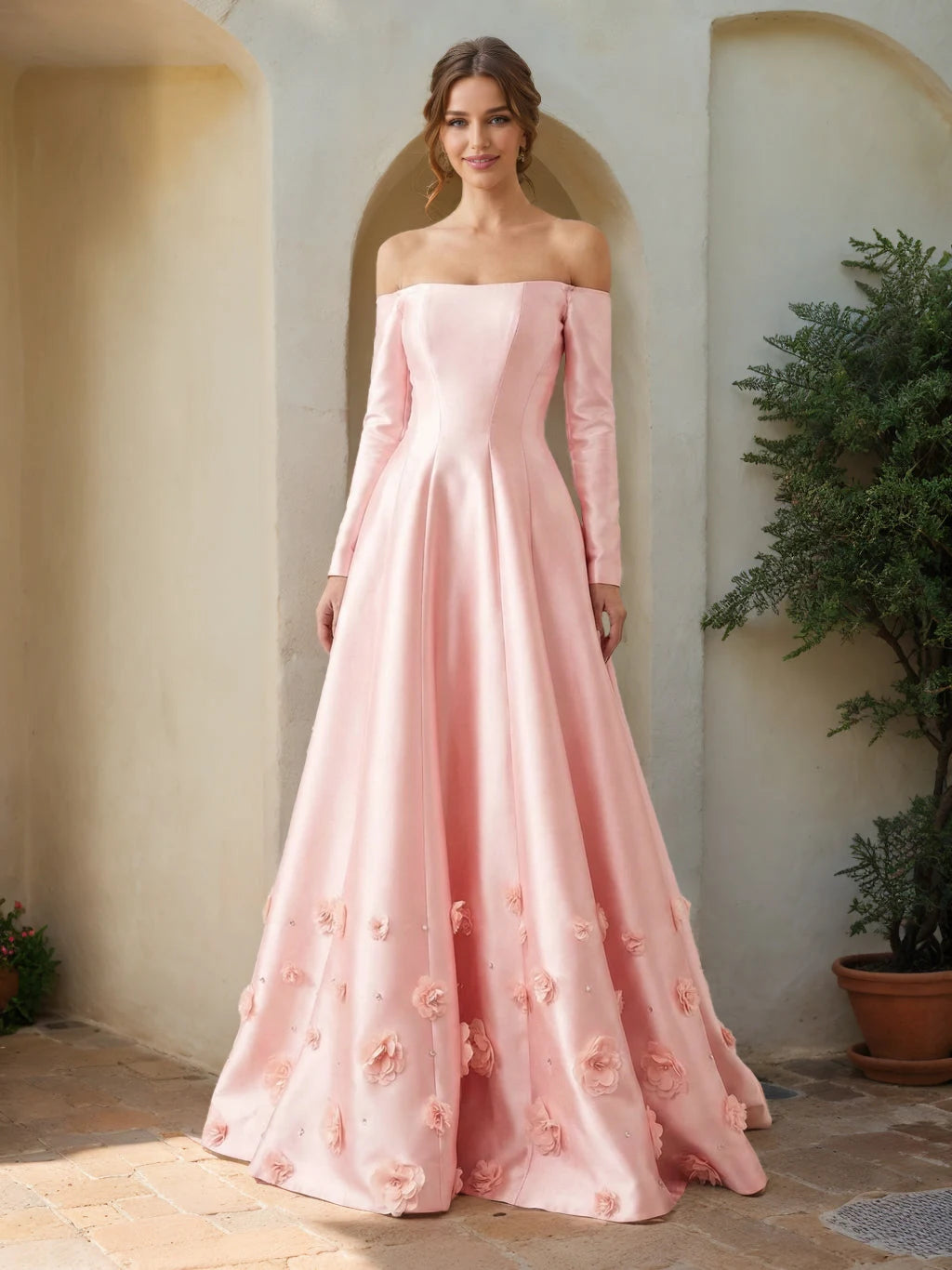 Elegant A-Line Off-Shoulder Long Sleeve Floral Pink Floor-Length Prom Gown