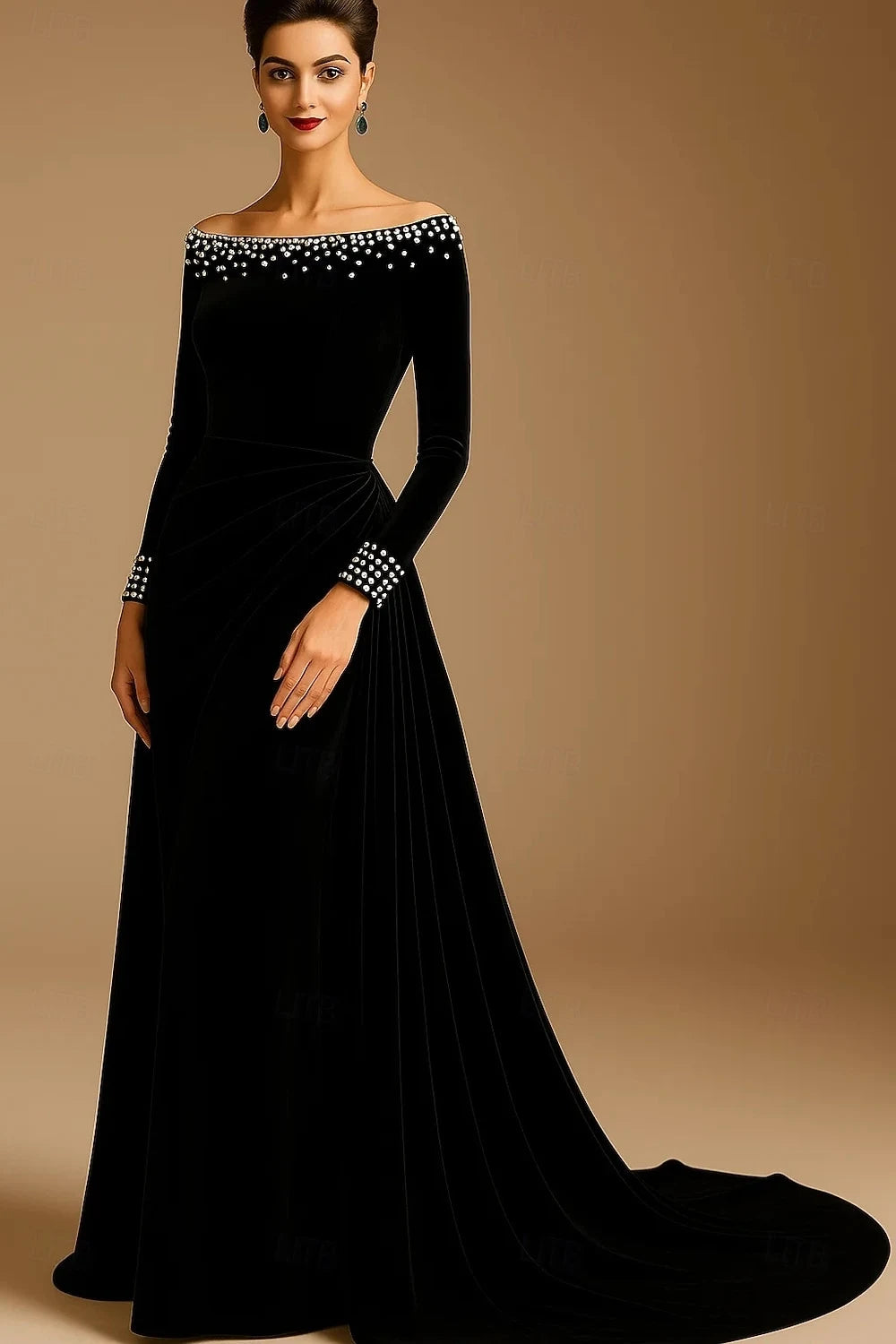 Elegant A-Line Off-Shoulder Long Sleeve Pearl Emerald Floor-Length Evening Gown