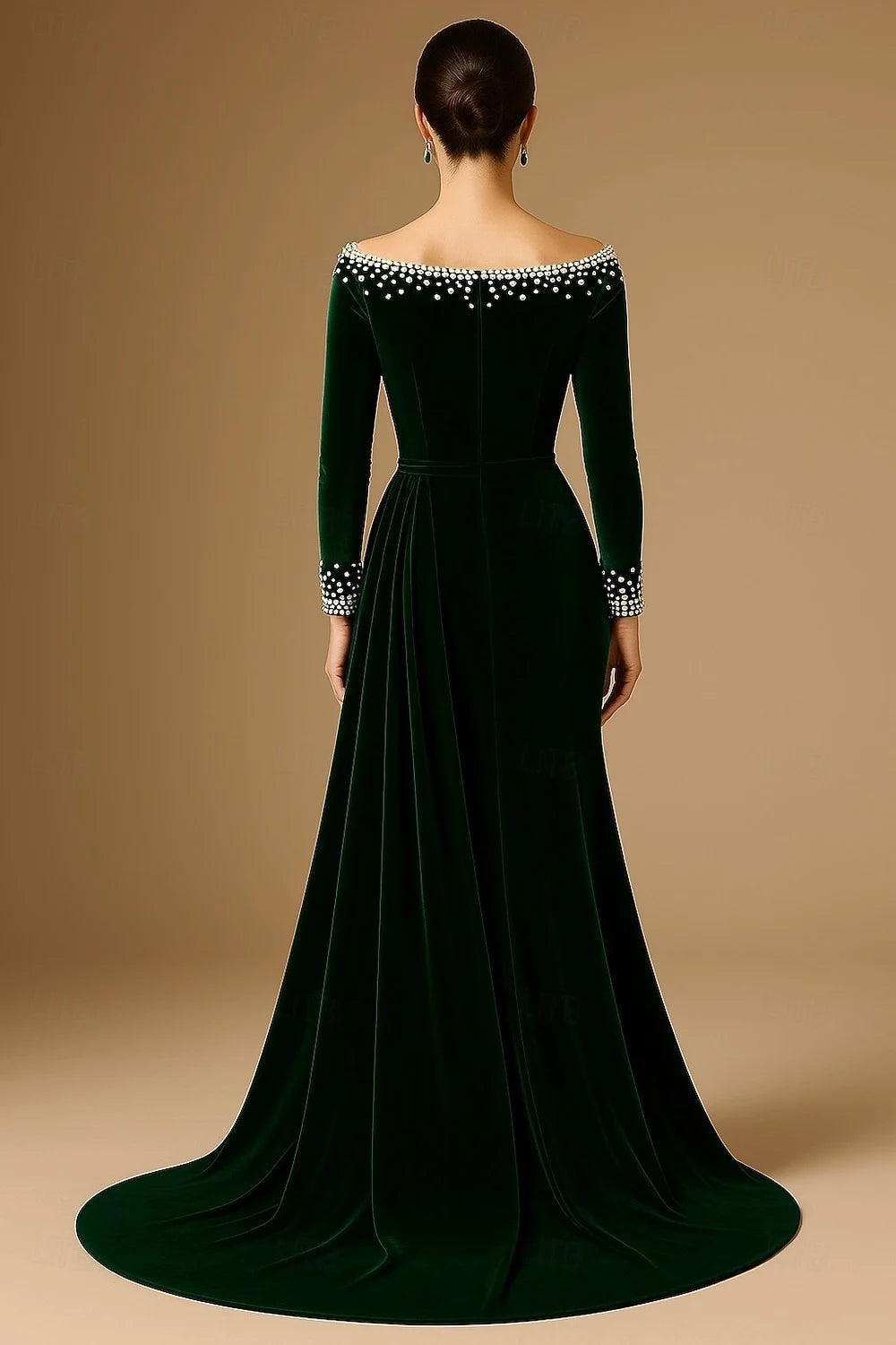 Elegant A-Line Off-Shoulder Long Sleeve Pearl Emerald Floor-Length Evening Gown