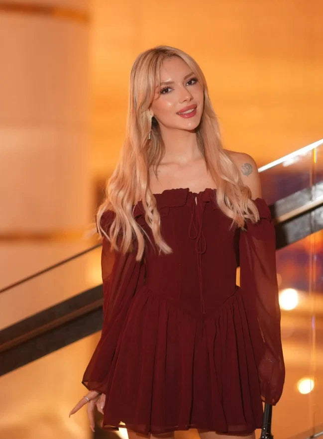 Elegant A-Line Off-Shoulder Long Sleeve Romantic Burgundy Short Homecoming Dresses Women's Dress