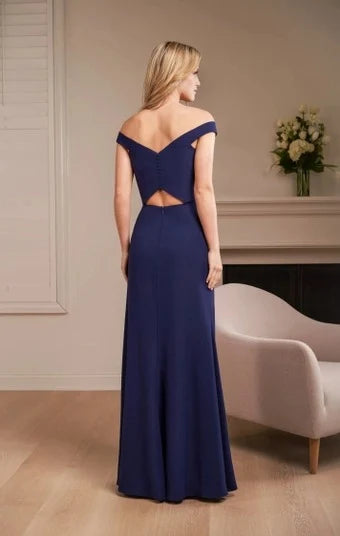 Elegant A-Line Off-Shoulder Navy Blue Floor-Length Prom Gown with Slit