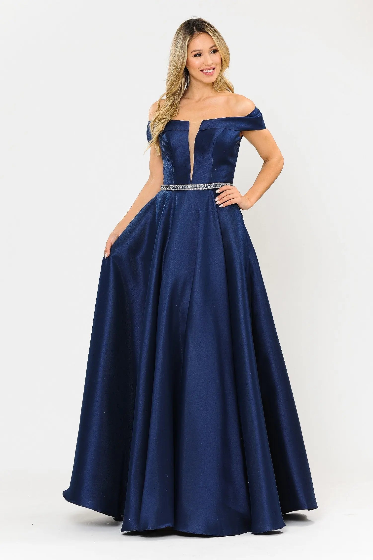 Elegant A-Line Off-Shoulder Plunge Beaded Formal Navy Blue Floor-Length Prom Gown
