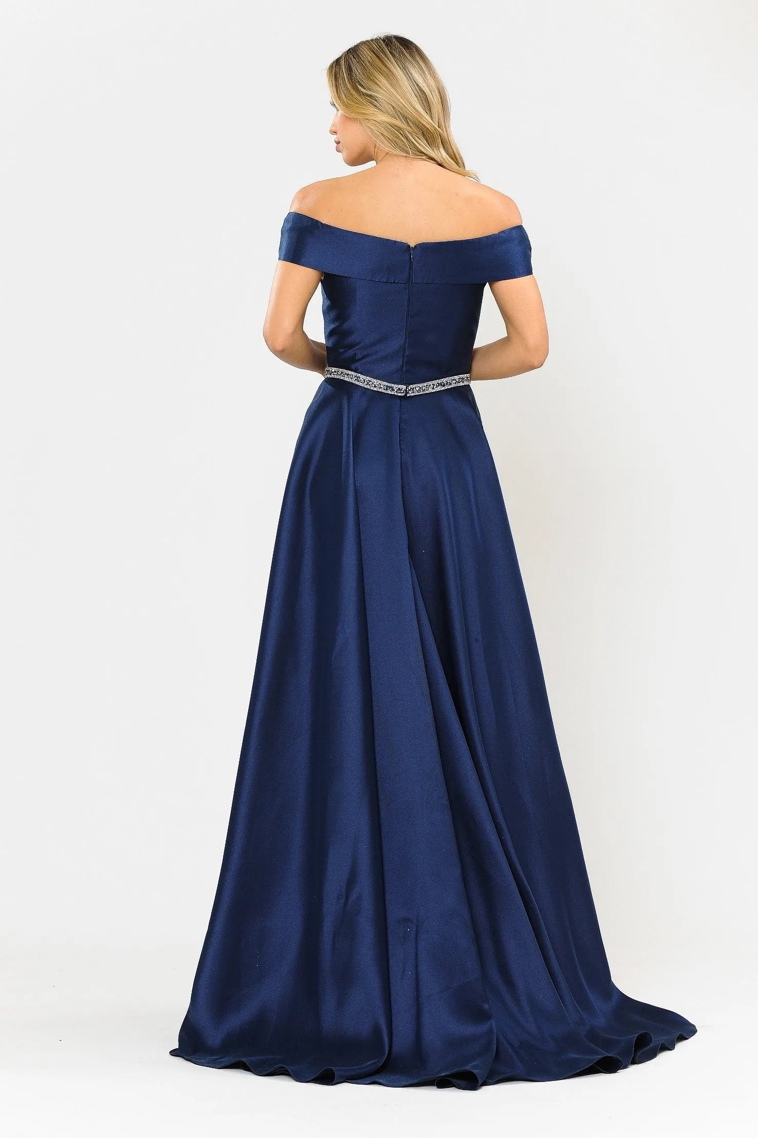 Elegant A-Line Off-Shoulder Plunge Beaded Formal Navy Blue Floor-Length Prom Gown