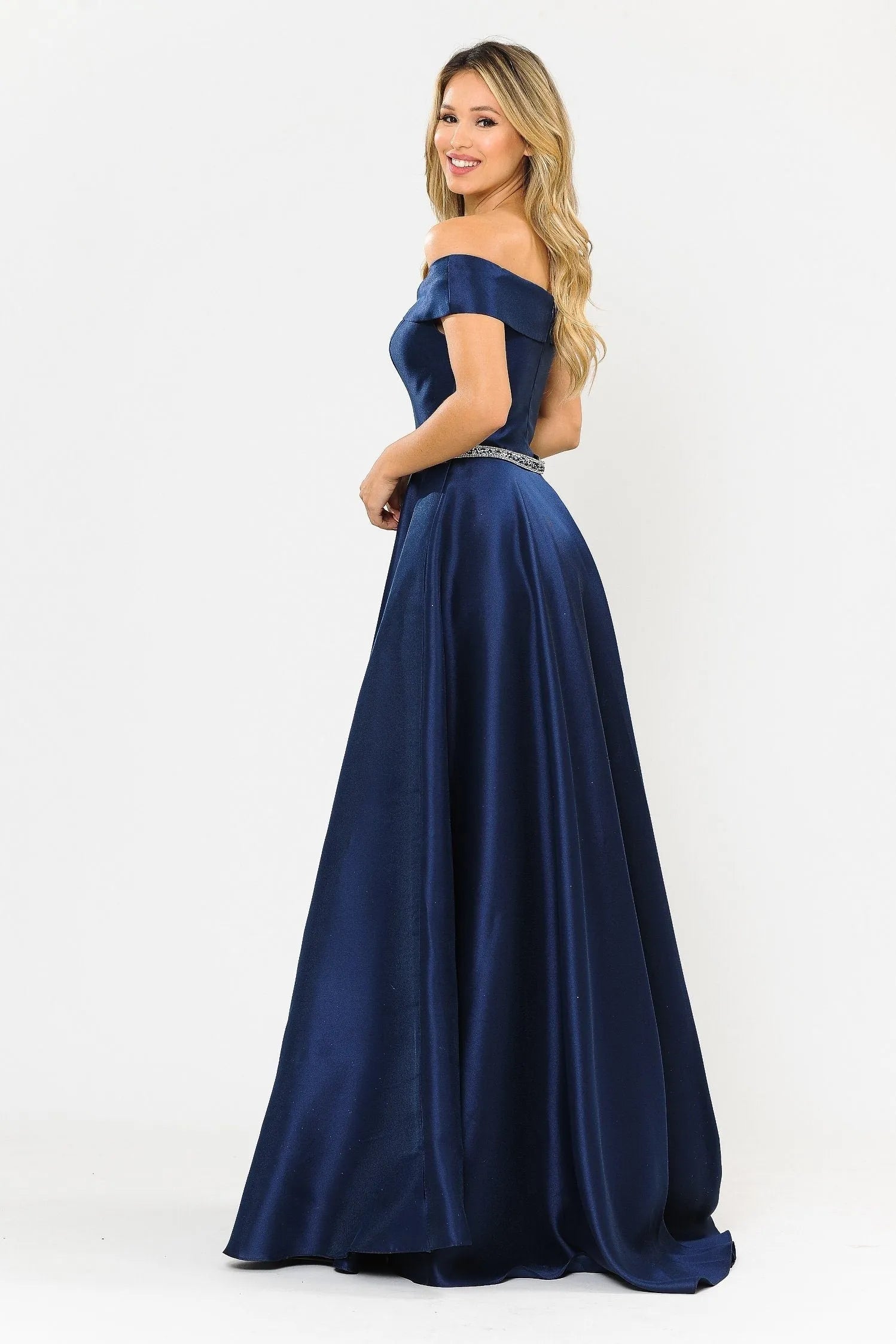 Elegant A-Line Off-Shoulder Plunge Beaded Formal Navy Blue Floor-Length Prom Gown