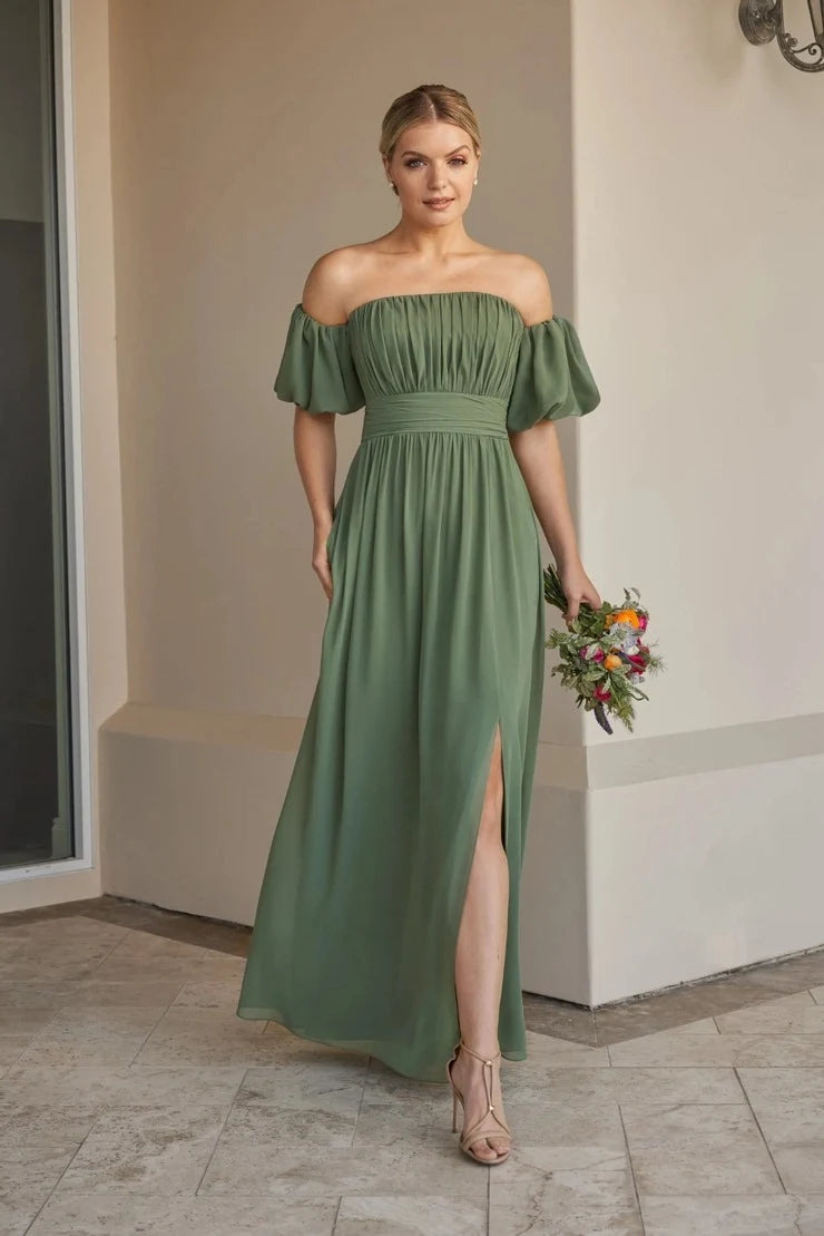 Elegant A-Line Off-Shoulder Puffy Sleeve Ruched Sage Green Floor-Length Prom Gown