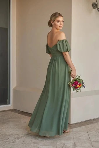 Elegant A-Line Off-Shoulder Puffy Sleeve Ruched Sage Green Floor-Length Prom Gown