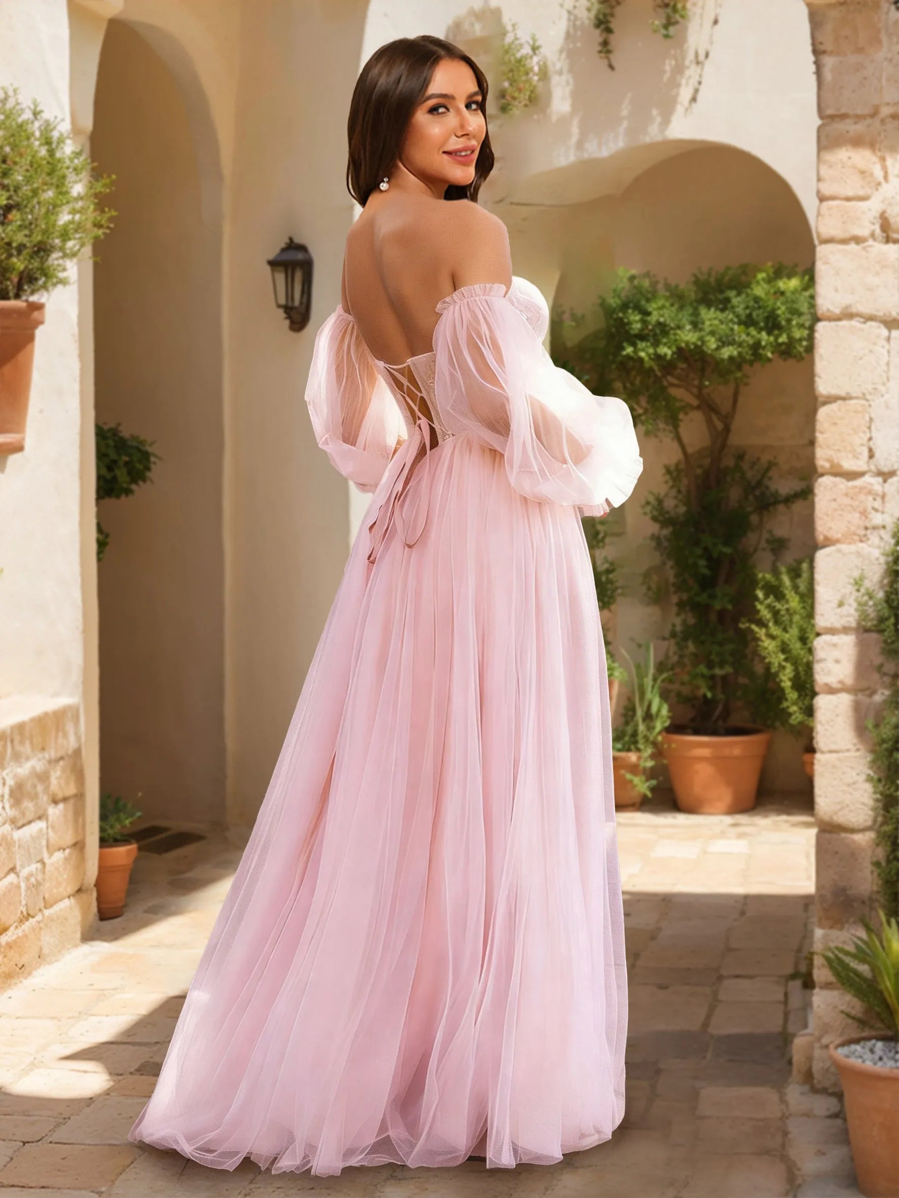 Elegant A-Line Off-Shoulder Puffy Sleeves Sequin Pink Floor-Length Prom Gown