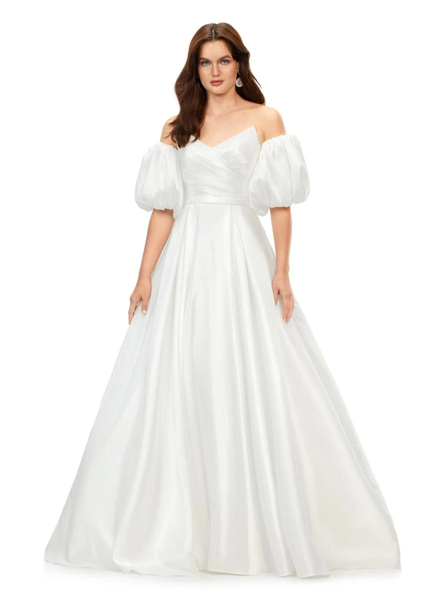 Elegant A-Line Off-Shoulder Puffy Sleeves White Floor-Length Prom Gown for Women