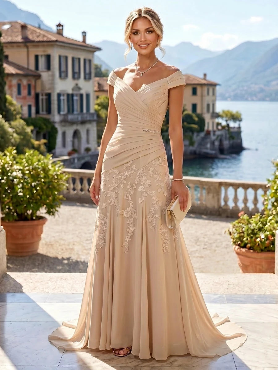 Elegant A-Line Off-Shoulder Ruched Champagne Long Mother Of The Bride Dress