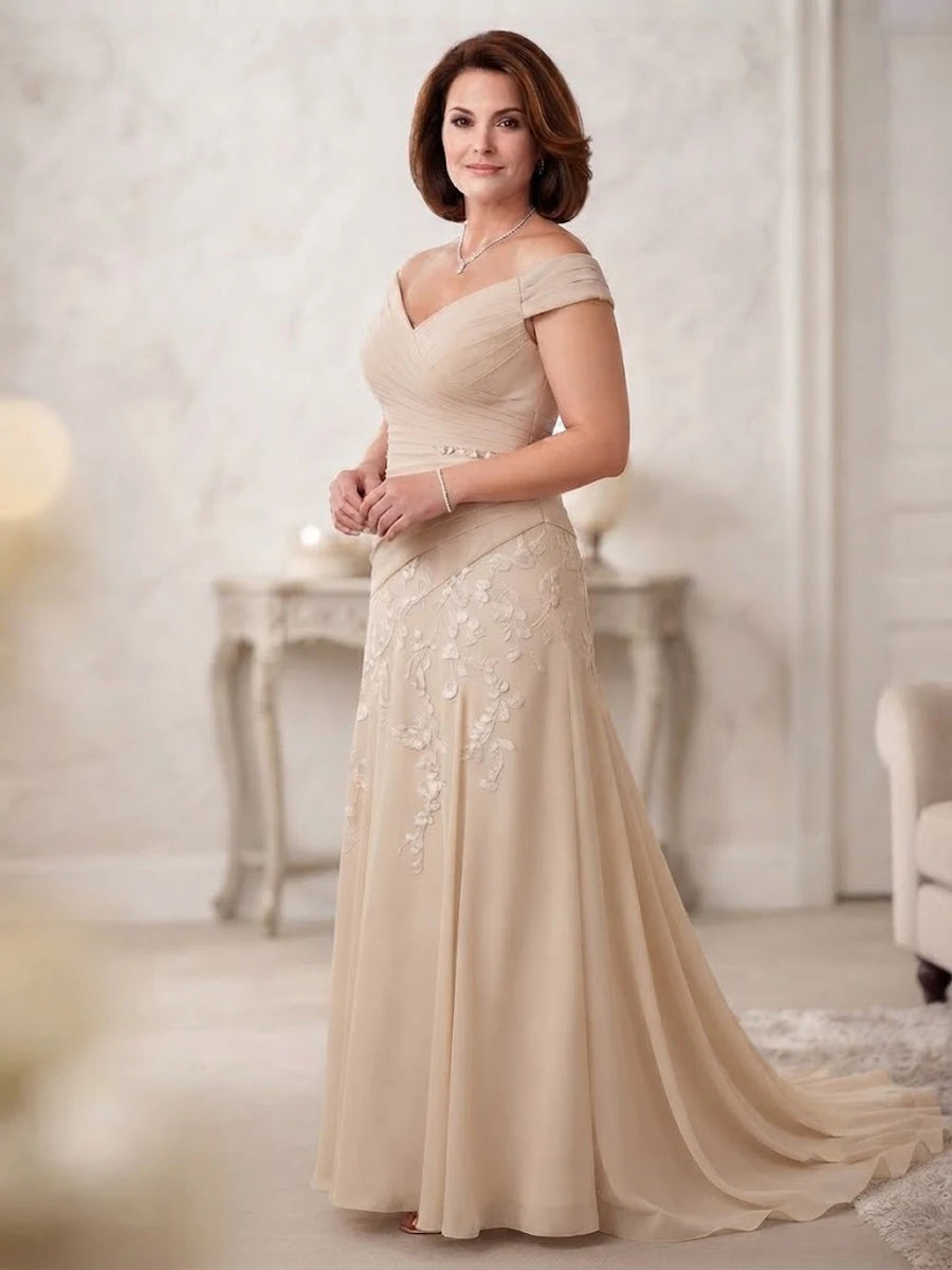 Elegant A-Line Off-Shoulder Ruched Champagne Long Mother Of The Bride Dress