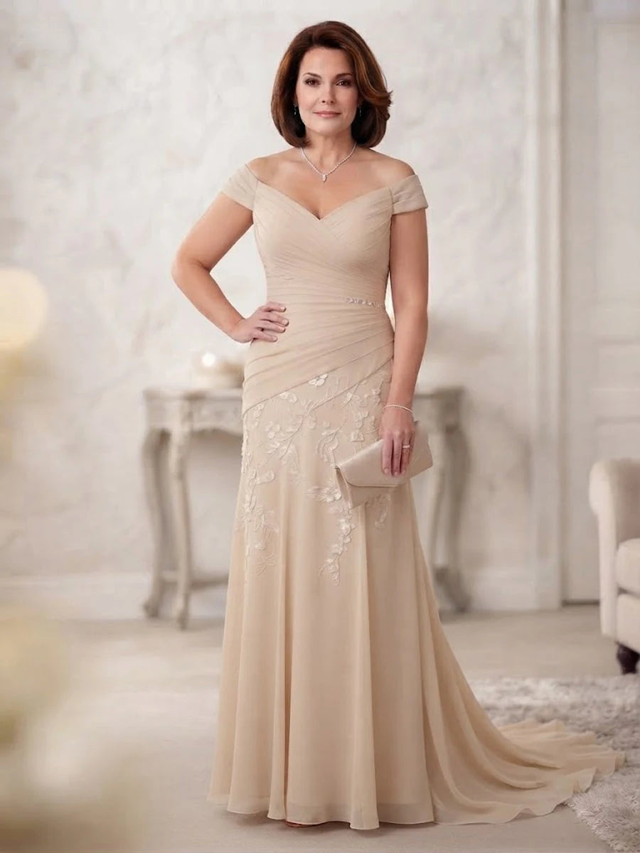 Elegant A-Line Off-Shoulder Ruched Champagne Long Mother Of The Bride Dress