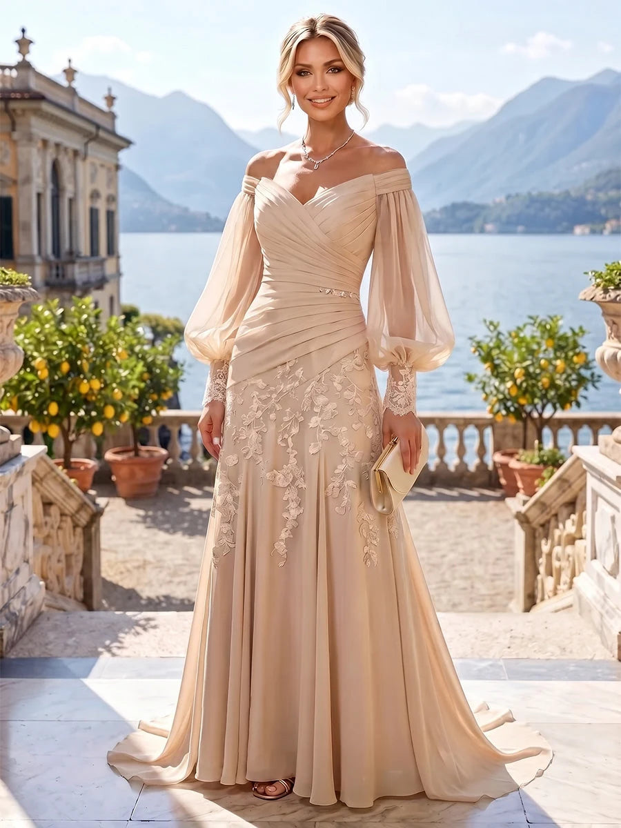 Elegant A-Line Off-Shoulder Ruched Champagne Mother Of The Bride Dress