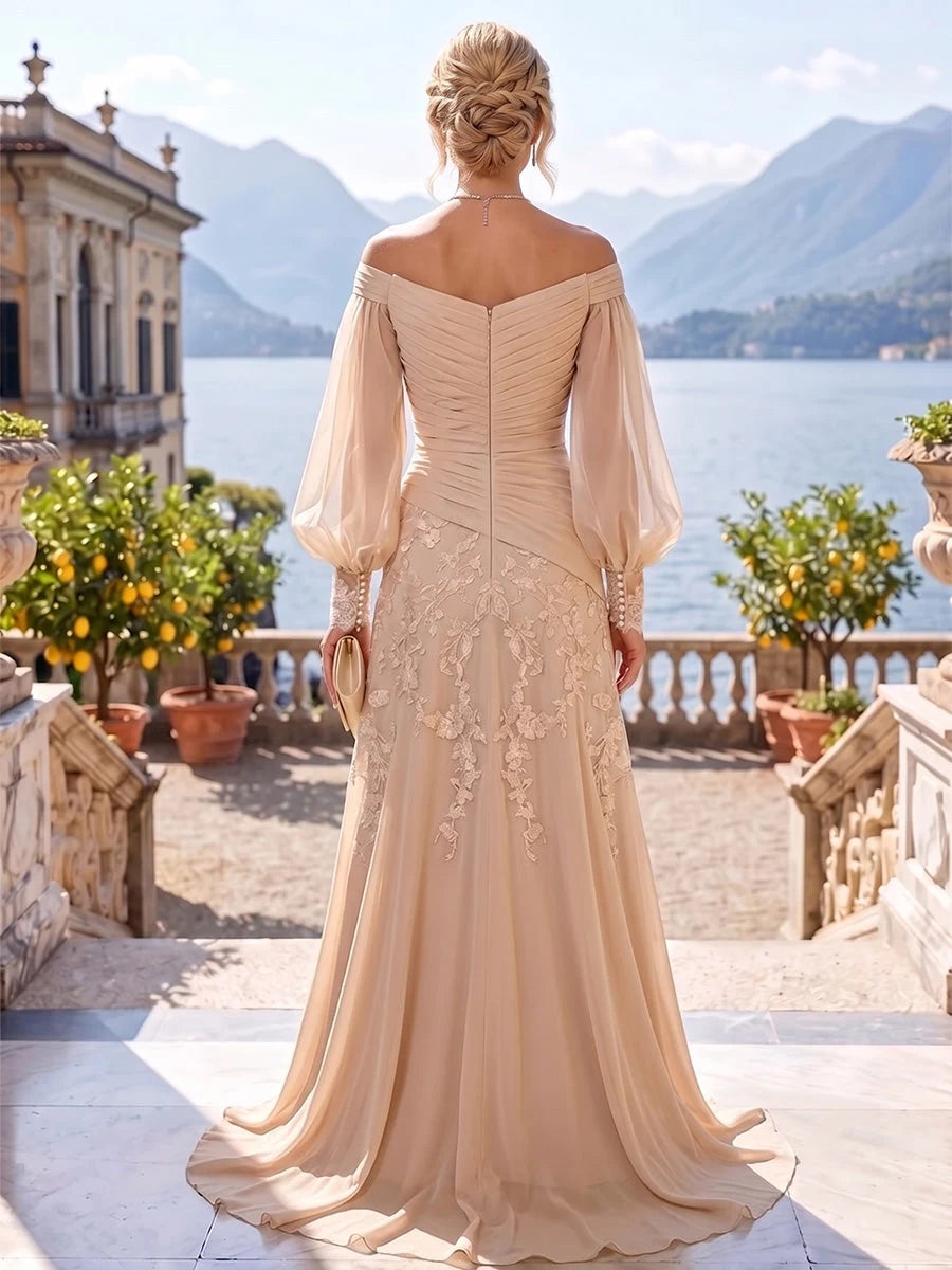 Elegant A-Line Off-Shoulder Ruched Champagne Mother Of The Bride Dress