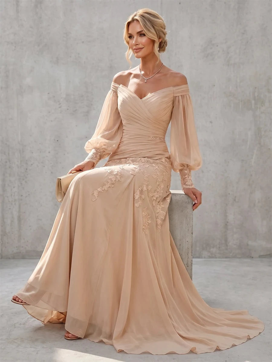 Elegant A-Line Off-Shoulder Ruched Champagne Mother Of The Bride Dress