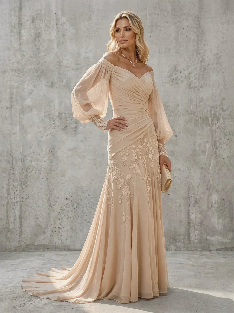 Elegant A-Line Off-Shoulder Ruched Champagne Mother Of The Bride Dress