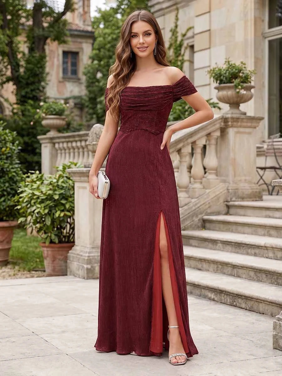 Elegant A-Line Off-Shoulder Ruched High-Slit Burgundy Floor-Length Prom Dress Women's Gown
