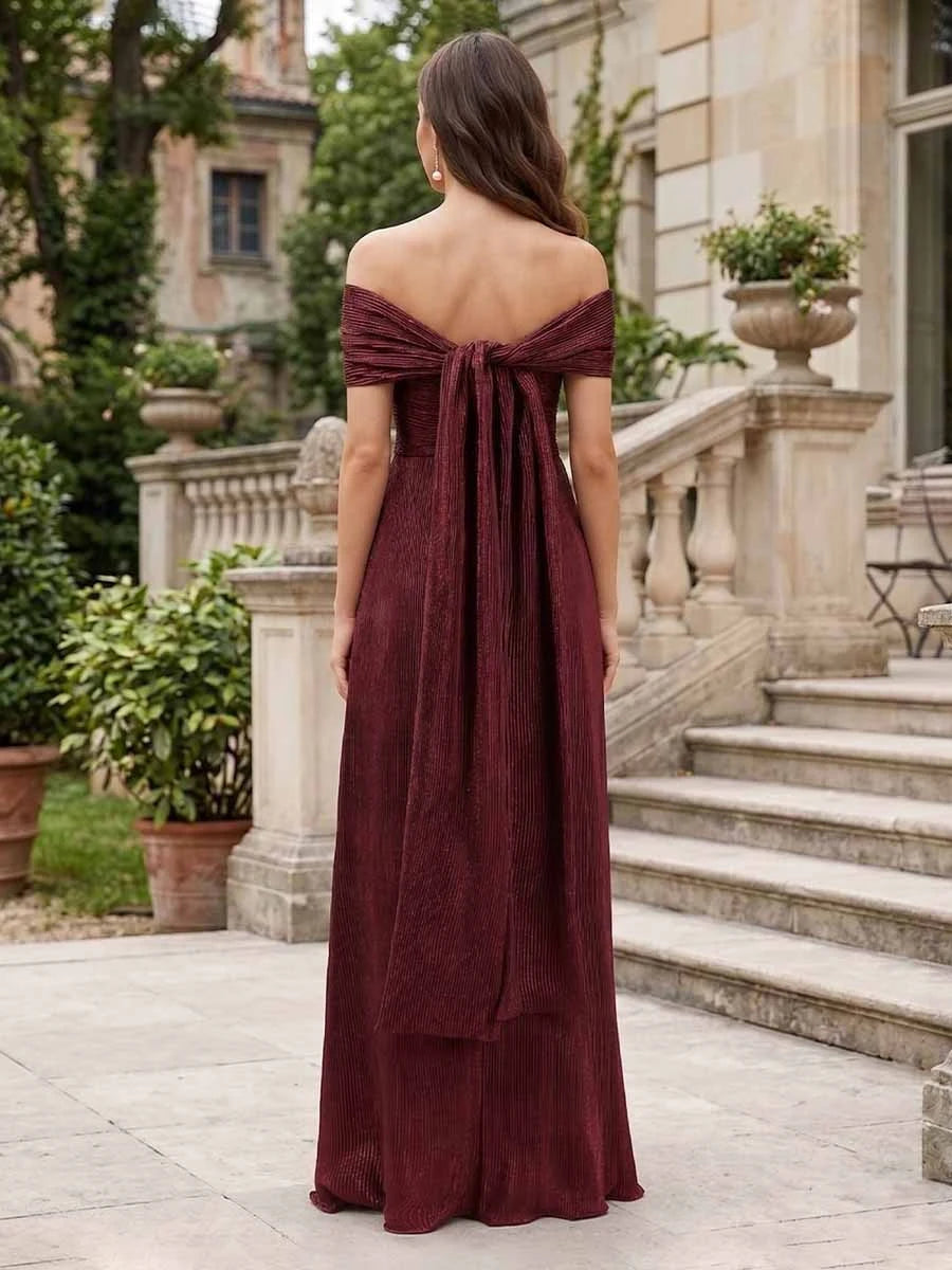 Elegant A-Line Off-Shoulder Ruched High-Slit Burgundy Floor-Length Prom Dress Women's Gown