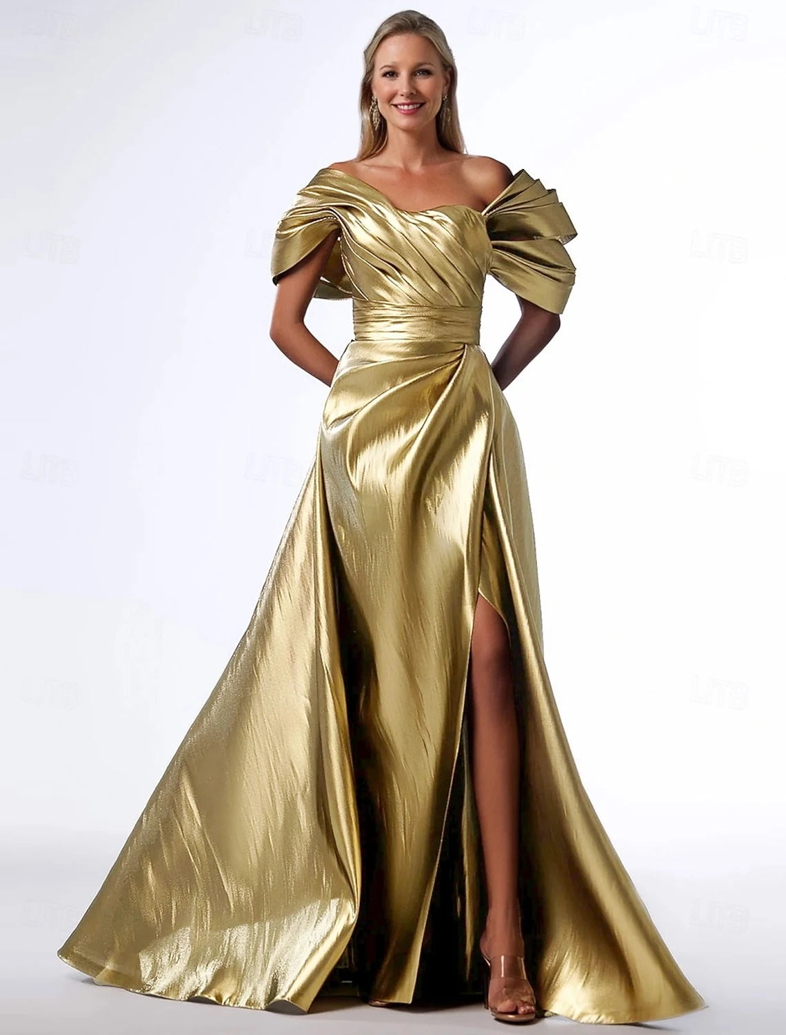 Elegant A-Line Off-Shoulder Ruched High Slit Gold Floor-Length Women's Evening Gown