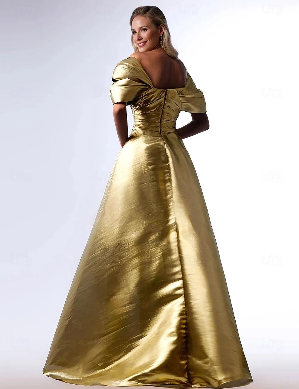 Elegant A-Line Off-Shoulder Ruched High Slit Gold Floor-Length Women's Evening Gown