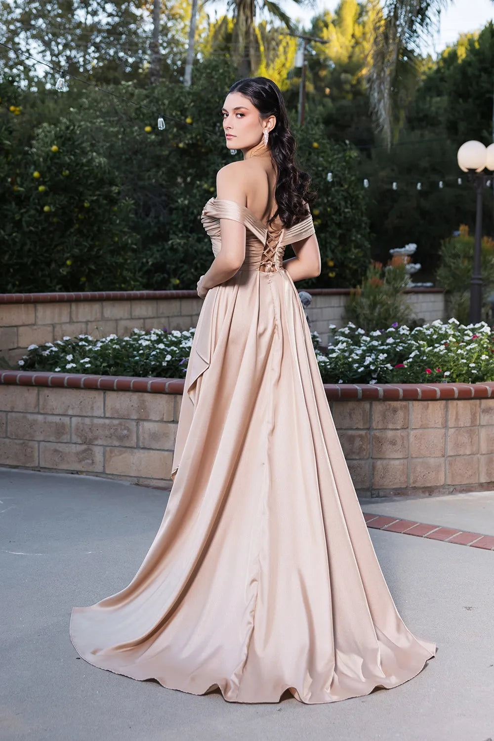 Elegant A-Line Off-Shoulder Ruched Slit Champagne Floor-Length Prom Dresses Women's Gown