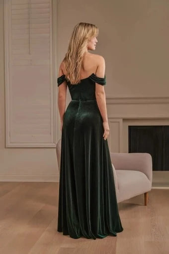 Elegant A-Line Off-Shoulder Ruched Slit Forest Green Long Prom Dress