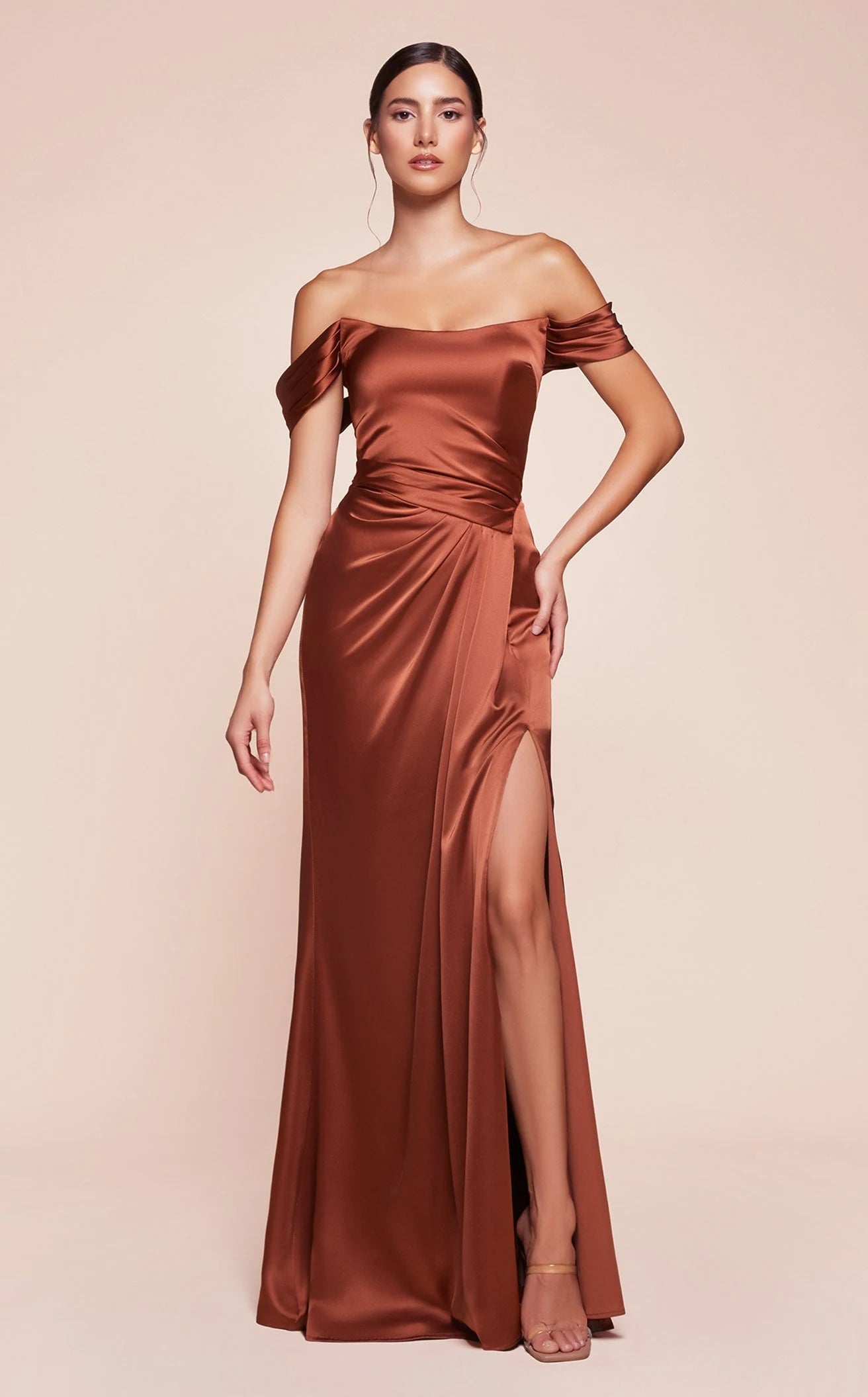Elegant A-Line Off-Shoulder Ruched Slit Rust Floor-Length Prom Gown