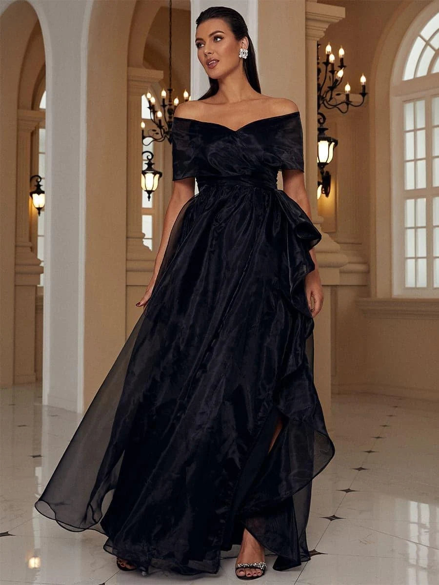 Elegant A-Line Off-Shoulder Ruffled Black Floor-Length Prom Dress Gown