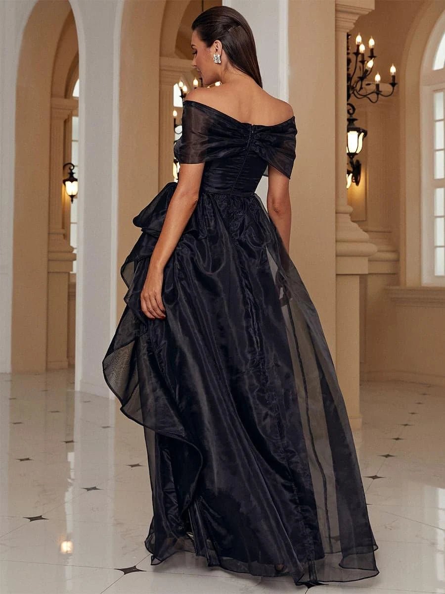 Elegant A-Line Off-Shoulder Ruffled Black Floor-Length Prom Dress Gown