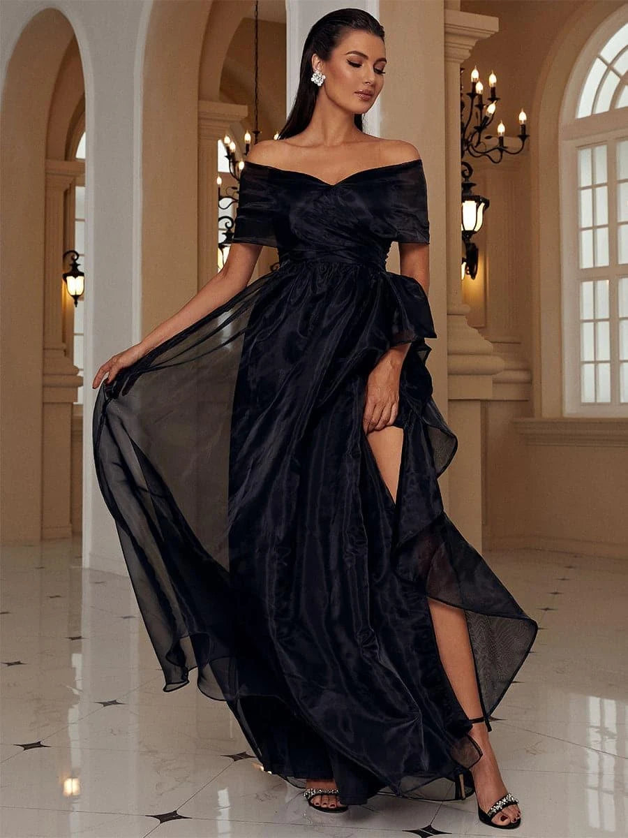 Elegant A-Line Off-Shoulder Ruffled Black Floor-Length Prom Dress Gown