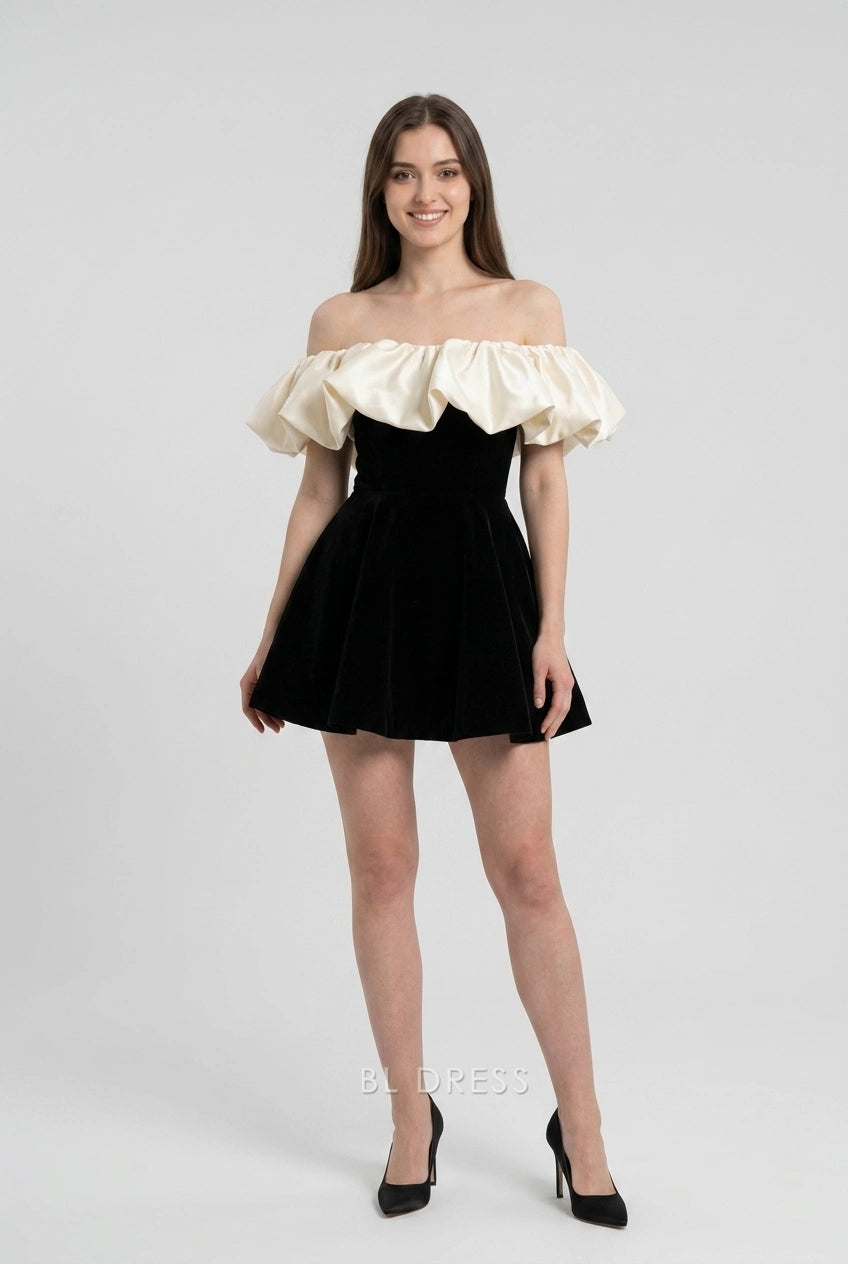 Elegant A-Line Off-Shoulder Ruffled Contrast Velvet Black Cream Mini Homecoming Dresses Women's